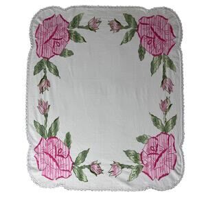 Vintage Embroidered Rose Tablecloth Scallop Crochet Border Woven Texture Cottage